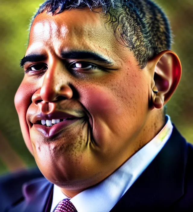 Image similar to close - up photograph of obese barack obama, double chin, triple chin, 8 k, 4 k, high quality