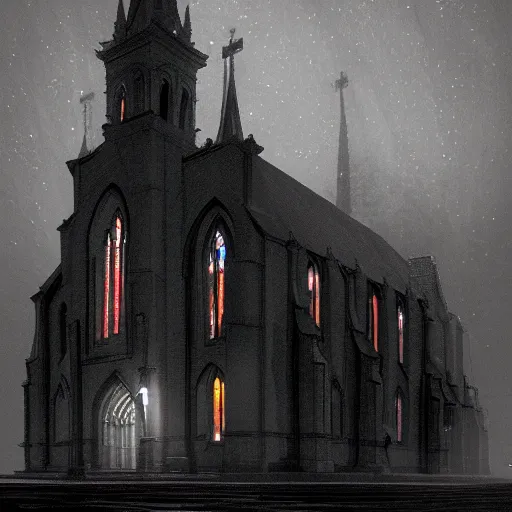 Image similar to victorian church in the middle of the city, dark, misty, at night, 8 k, detailed, concept art, trending on artstation