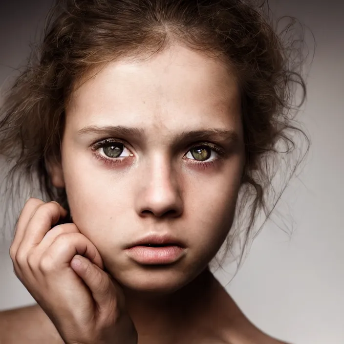 Image similar to dramatic photographic Close-up face of a extremely beautiful girl with clear eyes and light brown hair , high light on the left, non-illuminated backdrop, illuminated by a dramatic light, Low key lighting, light dark, High constrast, dramatic , Steve Mccurry, Lee Jeffries , Norman Rockwell, Craig Mulins ,dark background, high quality, photo-realistic, 8K,