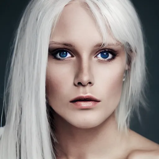 Prompt: portrait photograph of a full platinum blond woman, staring intensely, pale skin, realistic, high detail, high quality, trending on pinteresst