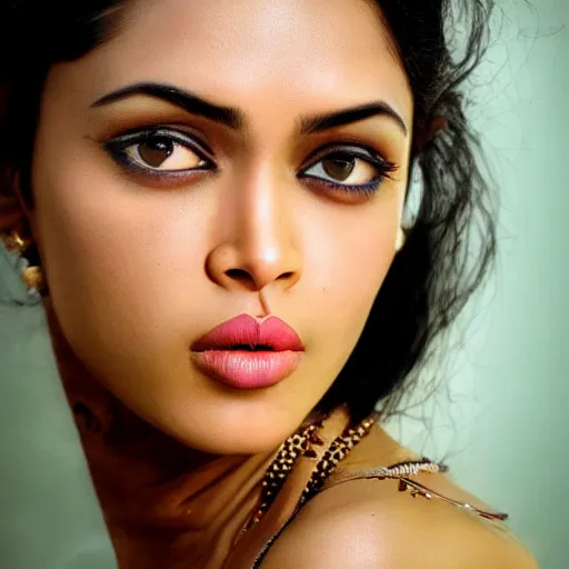 Image similar to Portrait photography of indian beauty who have the nose of Angelina Jolie, lips of Megan Fox and the eyes of Rihanna, award winning photography by Leonardo Espina