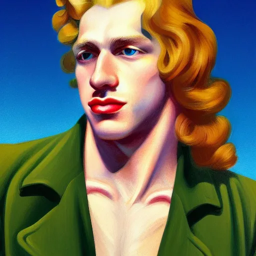 Prompt: A beautiful close-up of a young blond German man with very long curly hair, dressed like in the 1940s, digital art by Edward Hopper, vibrant color scheme, highly detailed, in the style of romanticism, fine Art, high detail, great lighting, 8k resolution, masterpiece, concept art, illustration, clear eyes, soft lighting, soft details, painting oil on canvas, octane render, HDR, trending on artstation, 4k, 8k, HD