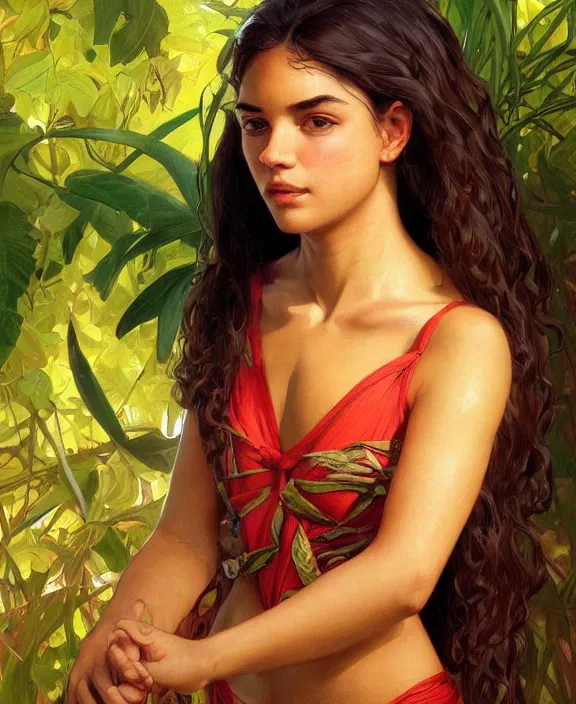 Prompt: teen brazilian girl in brazilian outfit, realistic portrait, highly detailed, digital painting, artstation, concept art, smooth, sharp focus, illustration, cinematic lighting, art by artgerm and greg rutkowski and alphonse mucha and boris vallejo and frank frazetta