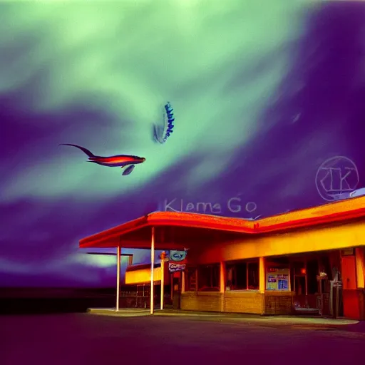 Image similar to dreamlike film photography of a 1920s wooden gas station at night underwater in front of colourful underwater clouds by Kim Keever. In the foreground floats a seasnake. low shutter speed, 35mm