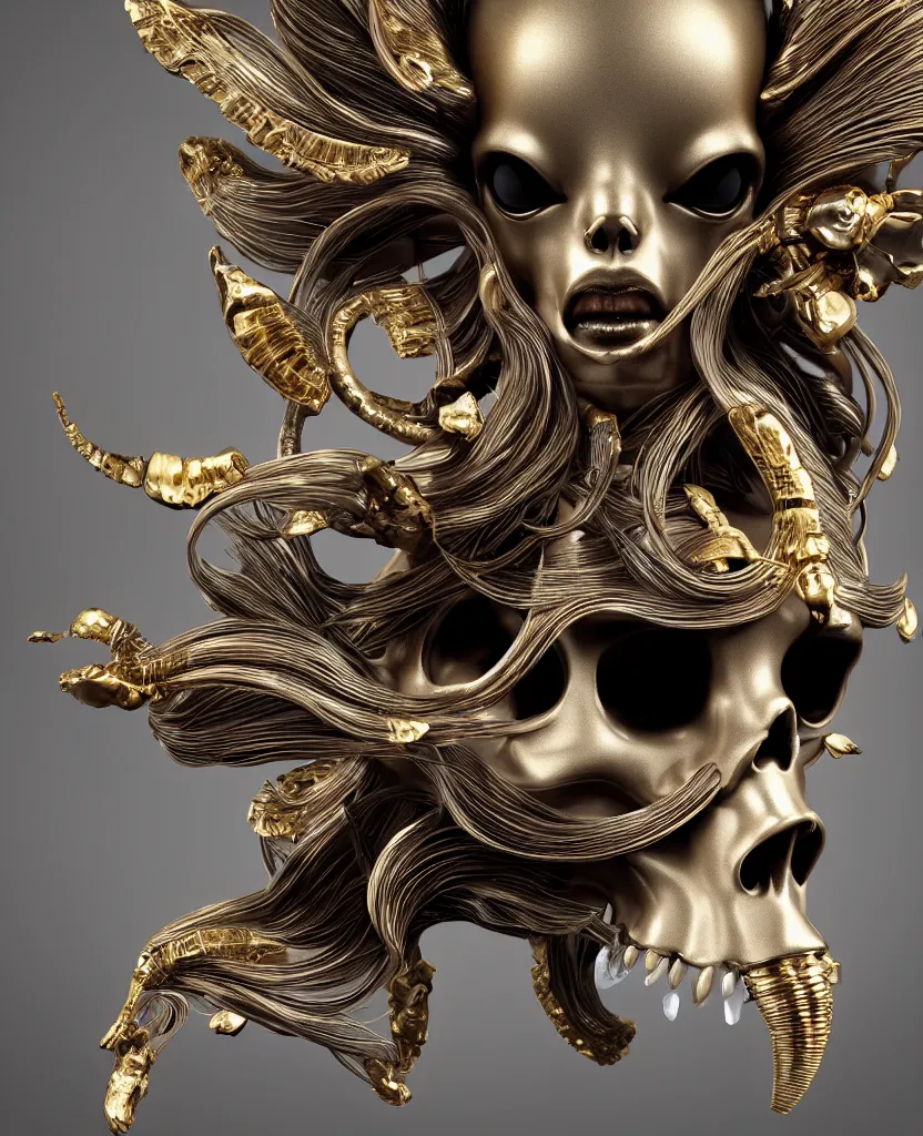 Image similar to goddess princess face close-up portrait ram skull. sculpture made of polished gold and matte obsidian. jellyfish phoenix head, nautilus, orchid, skull, betta fish, bioluminiscent creatures, intricate artwork by Tooth Wu and wlop and beeple. octane render, trending on artstation, greg rutkowski very coherent symmetrical artwork. cinematic, hyper realism, high detail, octane render, 8k