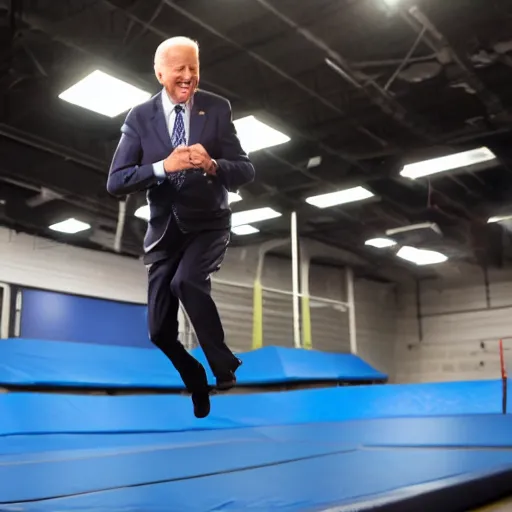 Image similar to Joe Biden jumping in a trampoline park