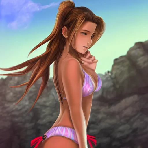 Image similar to beautiful aerith from final fantasy in a bikini on the beach making eye contact drawn by keith garvey