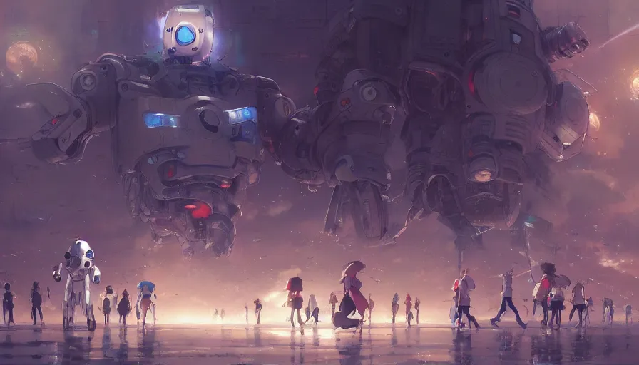 Prompt: robots and people run a marathon, yoshiyuki sadamoto artgerm greg rutkowski makoto shinkai studio ghibli, artstation