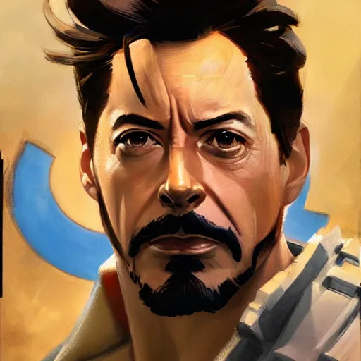 Image similar to greg manchess portrait painting of tony stark as overwatch character, totally whack, medium shot, asymmetrical, profile picture, organic painting, sunny day, matte painting, bold shapes, hard edges, street art, trending on artstation, by huang guangjian and gil elvgren and sachin teng