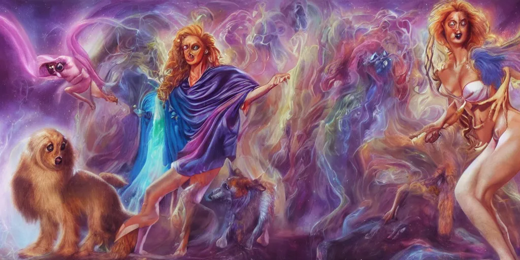 Image similar to Magic sorceress with rainbow sparkling robe, creepy dogs, Boris Vallejo, Julie Bell, Artgerm