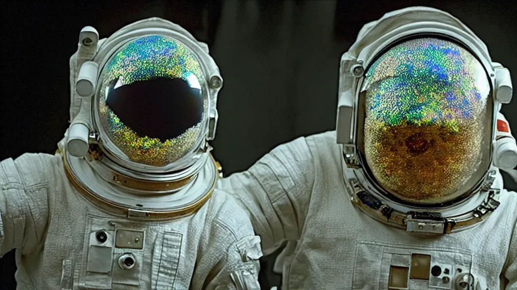 Image similar to a single astronaut eva suit made of diamond 3d fractal lace iridescent bubble 3d skin and covered with insectoid compound eye camera lenses floats through the living room, film still from the movie directed by Denis Villeneuve with art direction by Salvador Dalí, wide lens,