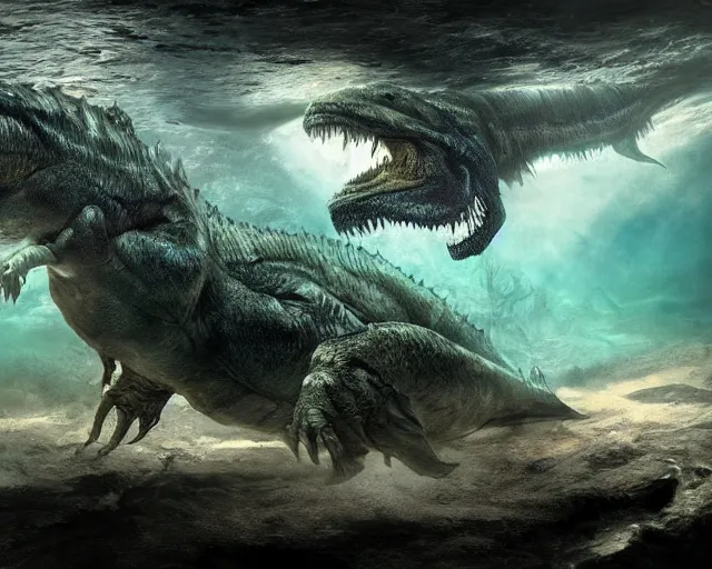 Image similar to a creepy underwater image of a t - rex lurking in the depths waiting to attack, matte painting, ultra wide shot, sharp focus, wallpaper art, dramatic lighting, artwork by shan qiao, albert bierstadt and murata ranga