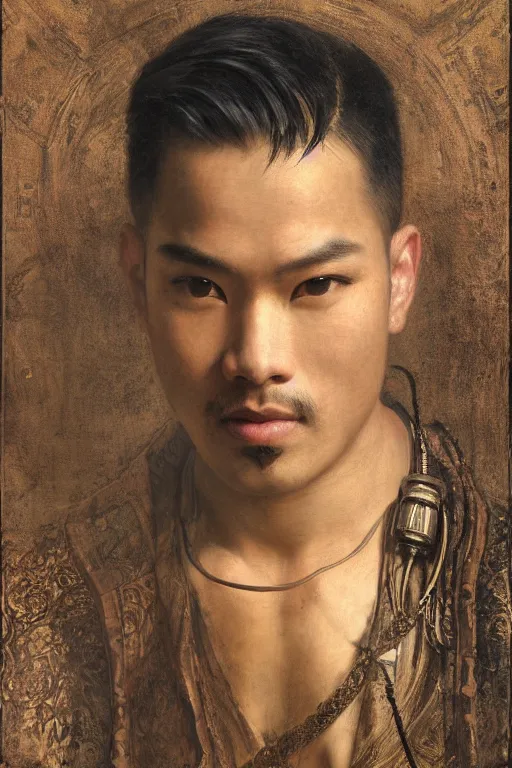 Image similar to attractive asian male, steampunk, cool tint, orientalist intricate portrait by john william waterhouse and edwin longsden long and theodore ralli and nasreddine dinet, hyper realism, dramatic lighting