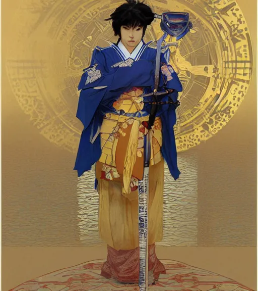 Prompt: JOJI as a celestial Japanese warrior wearing royal blue and gold armor, elegant suit, holding a mecha flaming katana, portrait art by alphonse mucha and greg rutkowski, highly detailed, digital painting, concept art, illustration, dim lighting with twilight rays of red Japanese empirical flag, trending on artstation, very detailed, smooth, sharp focus, octane render, close up