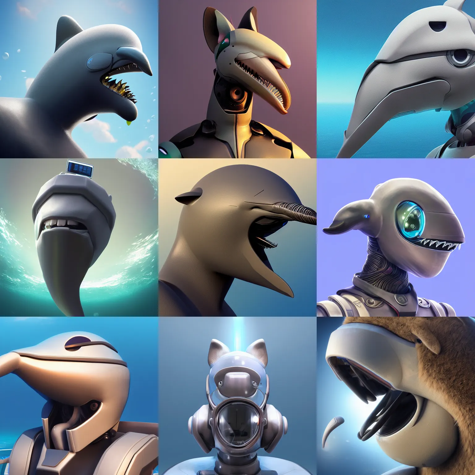 Prompt: furry art, bust profile of a male robotic anthro bottlenose dolphin, visor over face, rounded beak, commission on furaffinity, cgsociety, octane render, subnautica