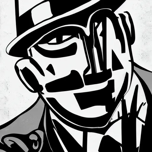 Image similar to portrait of noir robot detective, black and white digital art,