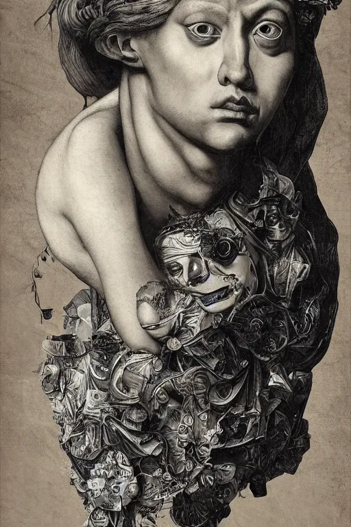 Prompt: Detailed maximalist portrait with large lips and with large eyes, sad exasperated expression, extra hands, HD mixed media, 3D collage, highly detailed and intricate illustration in the style of Caravaggio, dark art, baroque
