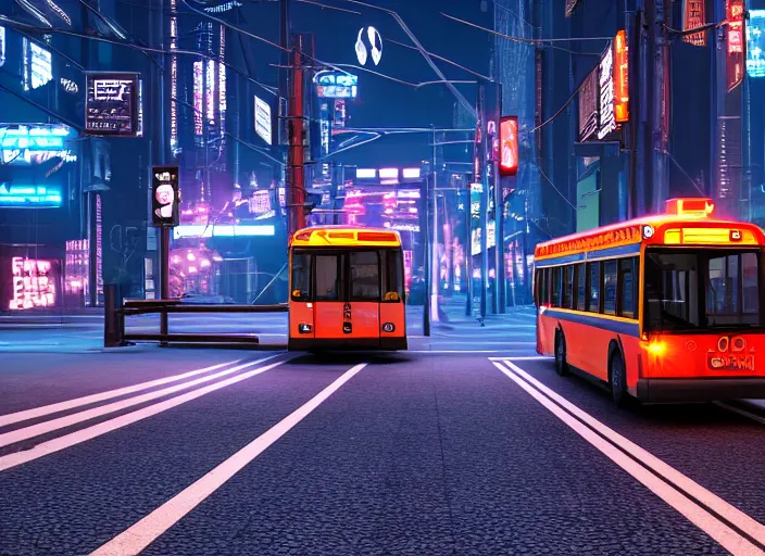 Image similar to trolleybus stands at a stop, headlights shine with neon light, atmospheric, futuristic, cyberpunk, ray tracing global illumination, 8 k resolution, ultra detailed