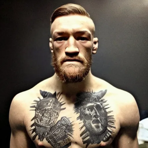 Image similar to “a realistic detailed photo of a guy who is an attractive humanoid who is half robot and half humanoid, who is a male android, boxer Conor McGregor, shiny skin, posing like a statue, blank stare”