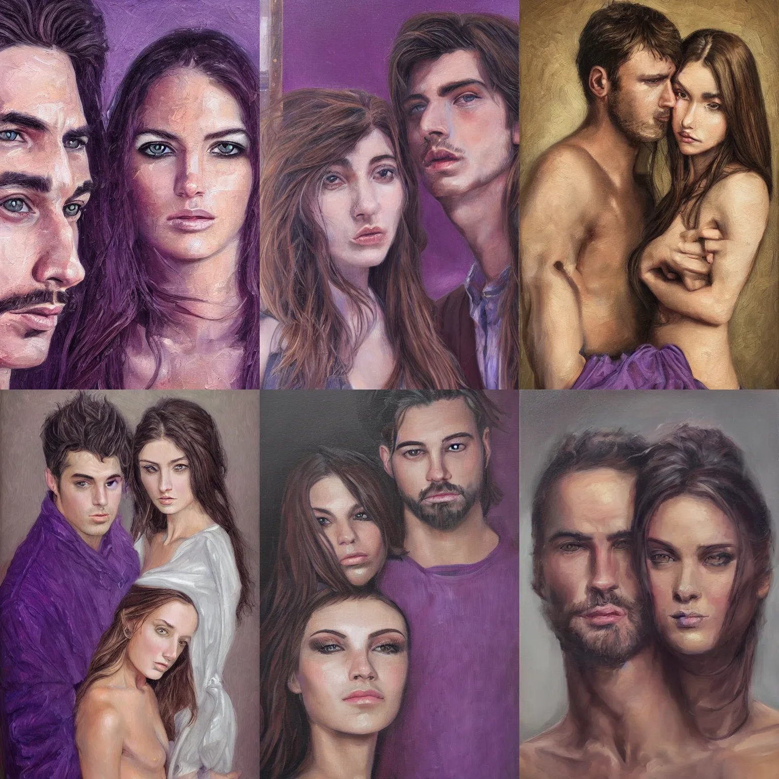 Prompt: a oil painting portrait of an attractive man and woman, brunettes, highly detailed, symetrical detailed faces, rule of thirds, digital art, purple accents