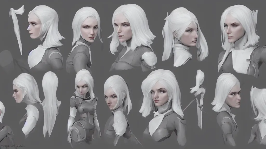 Prompt: a fantasy short white haired female rogue character design sheet, trending on artstation