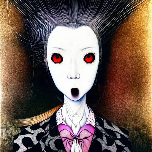 Image similar to yoshitaka amano blurred and dreamy realistic three quarter angle portrait of a woman with long white hair, black eyes and black lipstick wearing dress suit with tie, junji ito abstract patterns in the background, satoshi kon anime, noisy film grain effect, highly detailed, renaissance oil painting, weird portrait angle, blurred lost edges