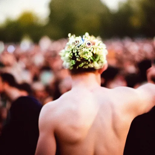 Prompt: kodak portra 4 0 0 photograph of a skinny blonde guy standing in a crowd, back view, flower crown, moody lighting, moody vibe, telephoto, 9 0 s vibe, blurry background, vaporwave colors, faded!,
