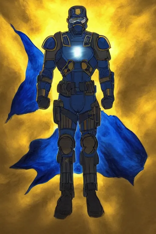 Image similar to a full body shot from distance of a super soldier with a Ukrainian yellow and blue flag standing in the beam of light from the clouds in a triumph after battle, western, masculine figure, D&D, fantasy, intricate, elegant, highly detailed, digital painting, artstation, concept art, matte, sharp focus, symmetrical, illustration, art by Artgerm and Greg Rutkowski and Alphonse Mucha