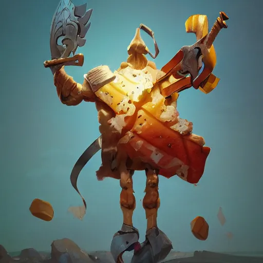 Image similar to a slice of toasted bread with arms and legs, holding a sword and shield, volumetric lighting, dynamic composition, fantasy, hyper detailed, ultra realistic, sharp focus, octane render, concept art by sachin teng and sergey kolesov and ruan jia and heng z