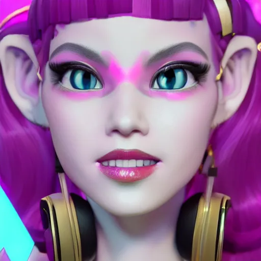 Image similar to still of pretty Jinx (LoL) in KDA music video. 3d render, octane render, game art, realistic, highly detailed, trending on artstation, 4k, trending on artstation, pixar, cgsociety, unreal engine 5, redshift render, trending on artstation, blender, behance, cg