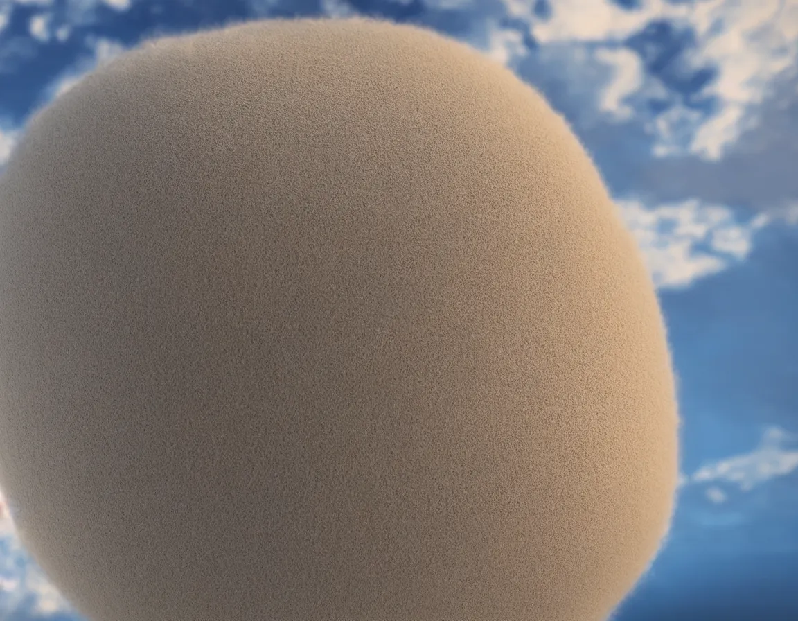 Prompt: 3 d rendering o photorealistic flying sandy beach sphere / planet, beautiful soft lighting, fluffy clouds