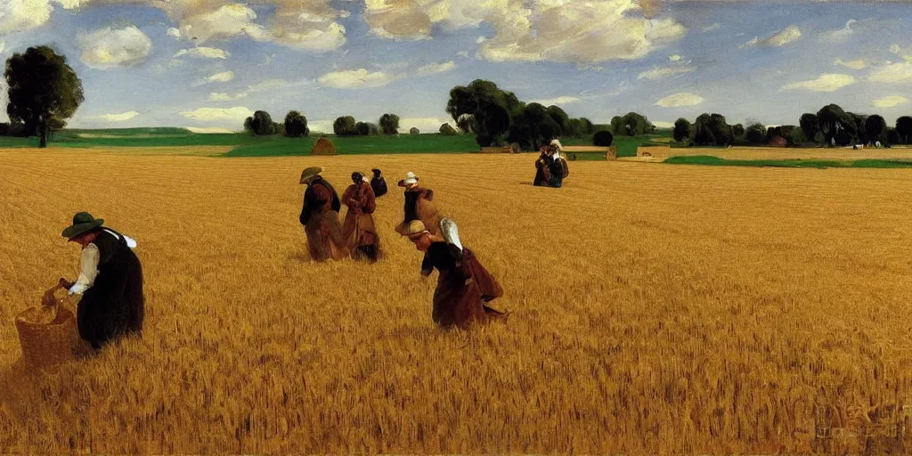 Image similar to a field full of Amish Farmers shocking wheat by John Singer Sargent