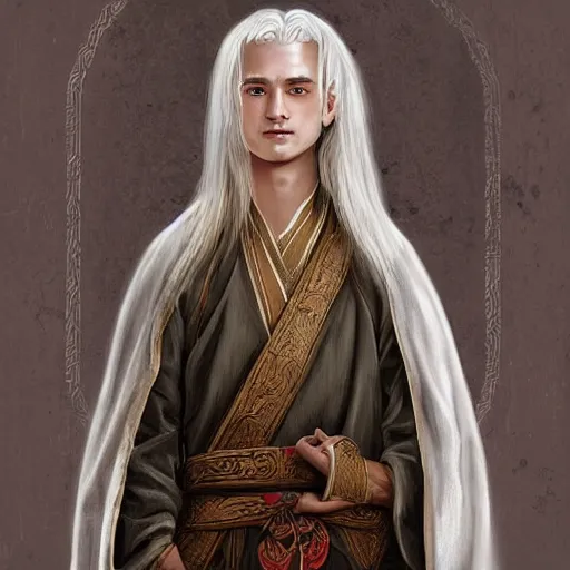 Prompt: teen boy, handsome, godly looks, long white hair, white daoist robes, digital painting, highly detailed, full body, d&d, by sophie anderson