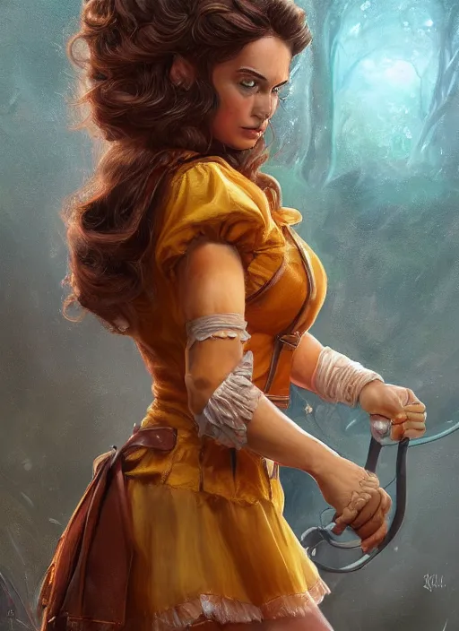 Image similar to beautiful female dorothy gale, rebecca romijn as dorothy, full body character concept, full leather armor, super powers, fantasy, intricate, elegant, highly detailed, digital painting, artstation, concept art, shining, sharp focus, illustration, art by stanley lau