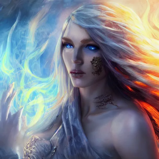 Image similar to the picture of a beautiful woman knight, blue eyes, burning fire hairs, epic fantasy art, mystical, mystic atmosphere, mythology, photo realistic, high detail, ultra realistic, hyper realistic, high definiton, 4 k uhd,