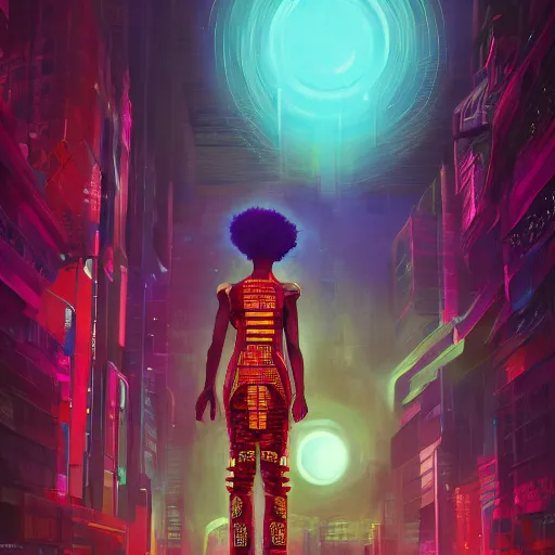 Image similar to afro - cyberpunk deities and their creations, gods and men manifesting dreams with ancestral magic in a modern world | hyperrealistic oil painting | by makoto shinkai, ilya kuvshinov, lois van baarle, rossdraws, basquiat | afrofuturism, in the style of surrealism, trending on artstation | dark color scheme