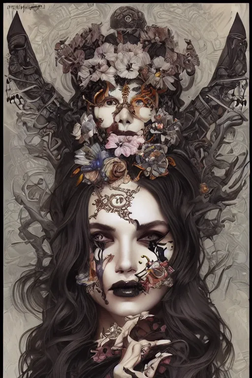 Image similar to a painting of a beautiful death goddess, adorned with skulls and bones, full face, full body, by artgerm and Alphonse Mucha, highly detailed, octane trending on artstation