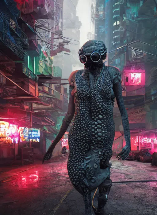 Image similar to hyperrealism, detailed textures, photorealistic 3 d cyberpunk octopus in apocalyptic city, futuristic clothing and helmet, ultra realistic, cinematic, intricate, cinematic light, unreal engine 8 k