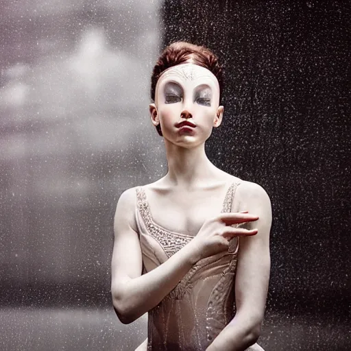 Image similar to portrait of a ballerina with a beautiful porcelain face dressed in a venecian mask, rain, cinematic light and reflections, beautiful dreamy lighting, photographed by annie leibovitz, zbrush,