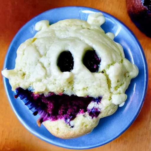 Prompt: photo surreal of a scary spectral ghost eating a blueberry muffin nightmare fuel
