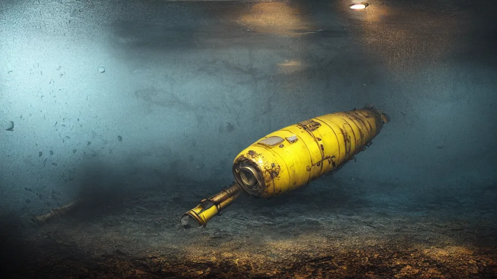 Image similar to a photorealistic dramatic hyperrealistic underwater render of an deep sea submersible, ultra realistic details, glossy yellow, well worn, rust, oil stains by vitaly bulgarov and mike nash, beautiful dramatic dark moody tones and lighting, cinematic atmosphere, global illumination, shadows, dark background, octane render, 8 k