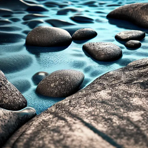Image similar to a close up view of water and rocks, a raytraced image by jurg kreienbuhl, unsplash, generative art, rendered in cinema 4 d, vray tracing, ray tracing