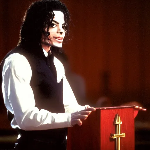 Image similar to cinematic still of Michael Jackson preaching at a Baptist Church in Rural Tennessee, close up, shallow depth of field, cinematic