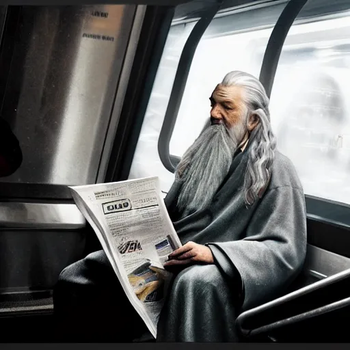 Prompt: gandalf sitting in subway train, reading newspaper and smoking pipo, photorealistic, dramatic lighting