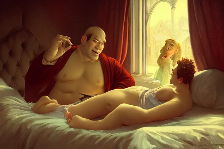 Image similar to russian poet alexander pushkin and shrek together in bed, portrait, highly detailed, digital painting, artstation, concept art, smooth, sharp focus, illustration, cinematic lighting, art by artgerm and greg rutkowski and alphonse mucha