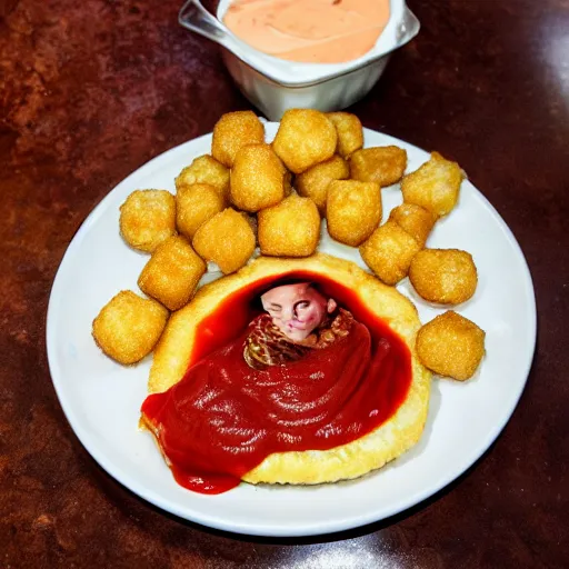 Image similar to food photo of channing tatum's face on top of giant tater tot on a plate with ketchup