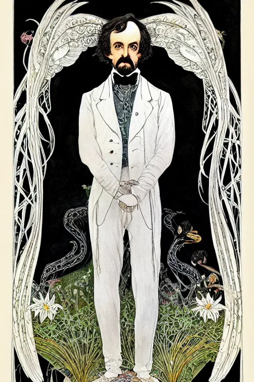 Image similar to realistic portrait of edgar allen poe in the center of an ornate white lily flower frame with wings, detailed art by kay nielsen and walter crane, illustration style, watercolor