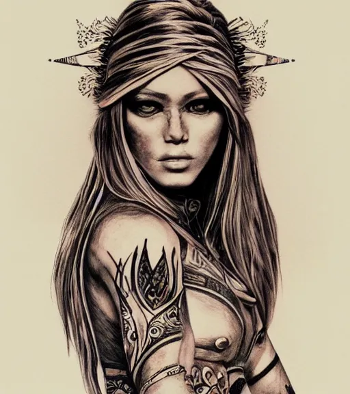 Image similar to tattoo design on white background of a hyper realistic beautiful girl warrior, hyper detailed, inspired by eliot kohek