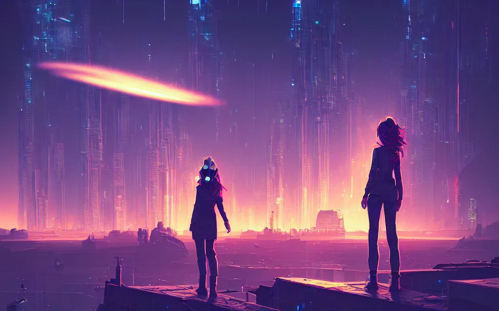 Image similar to girl staring at a meteorite hitting a floating cyberpunk city at night by wlop, low poly art, ultra detailed color art, high detail, digital art