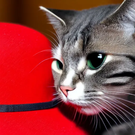 Image similar to Photo of a cat wearing a hat in the shape of a red mushroom